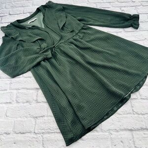 LOFT Dark Green Textured Mini Dress Size XS BOHO Long Sleeve Tie Waist Party